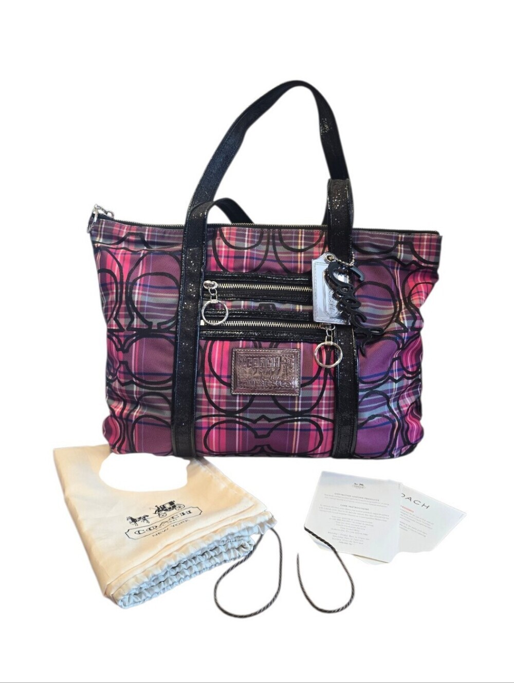 Coach Poppy Tartan Plaid Glam Purple Magenta Black Tote Bag - Picture 4 of 16